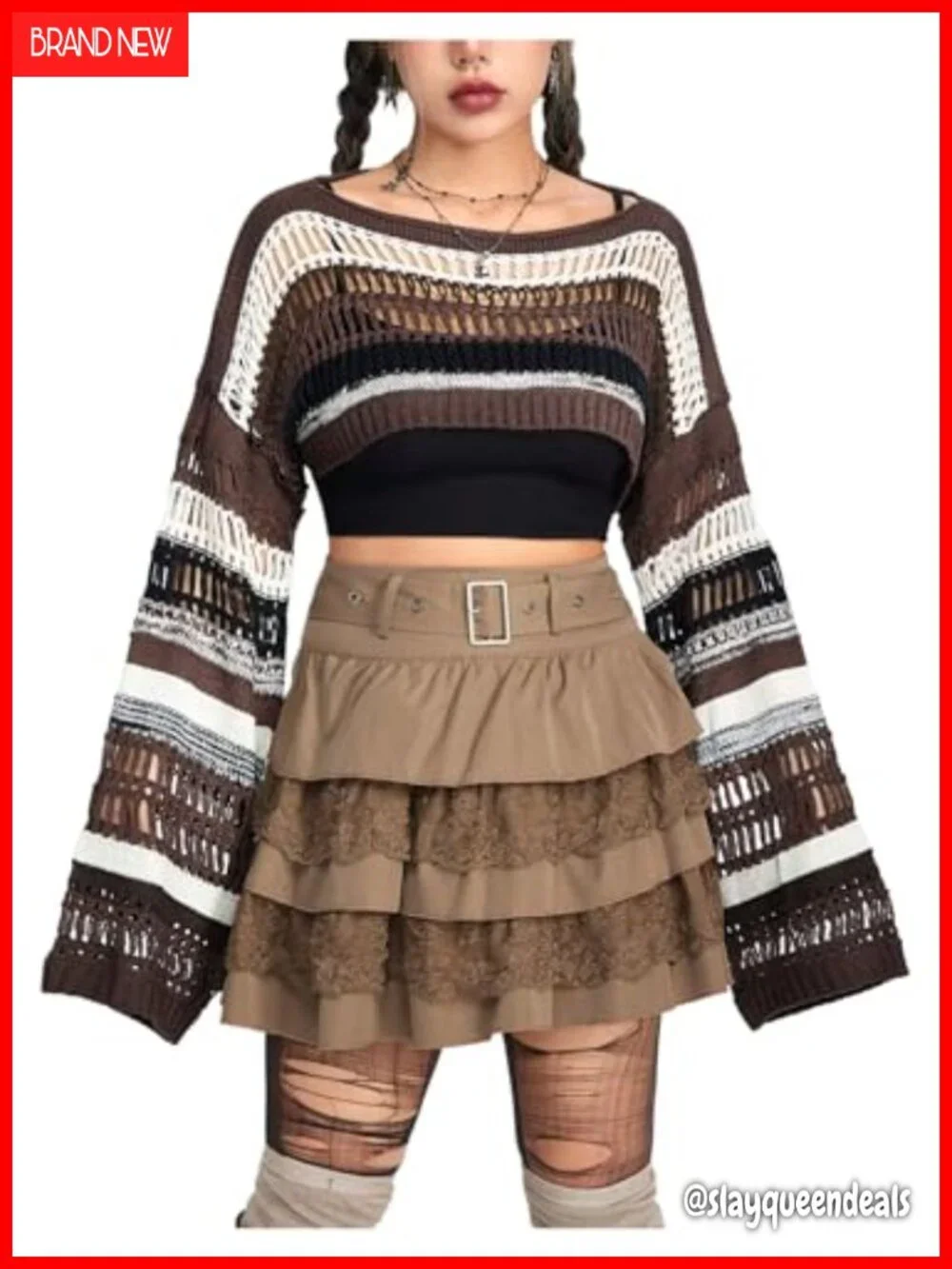 Striped Crochet Shrug Boat Neck Crop Sweater Colorblock Drop Shoulder Bell